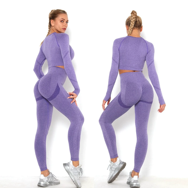 Custom 2 Pcs Seamless Gym Outfits Tracksuits for Women, Long Sleeve Crop Top + Scrunch Leggings Yoga Fitness Active Wear Sets