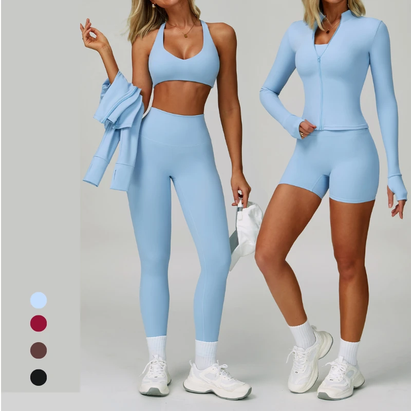 Woman's Three-Piece Solid Yoga Set Quick-Drying Fitness Leggings Bra Shorts with Front Logo for Outdoor Sports Gym Tight