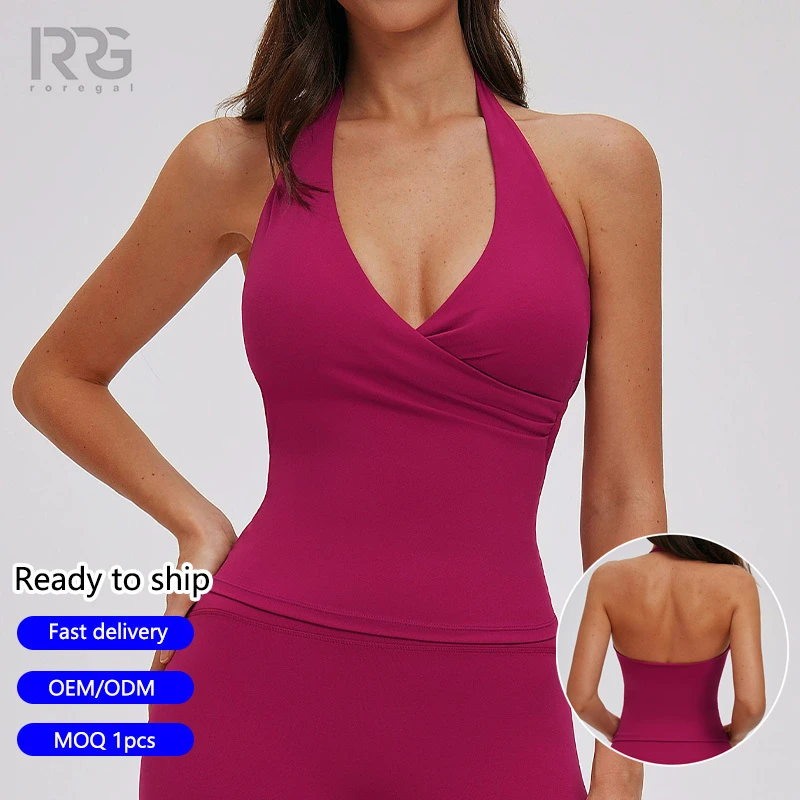 Roregal Workout Sports Crop Top Women's Cut Out Vest Yoga Sexy Sleeveless Halter Cross V-neck Tank Top