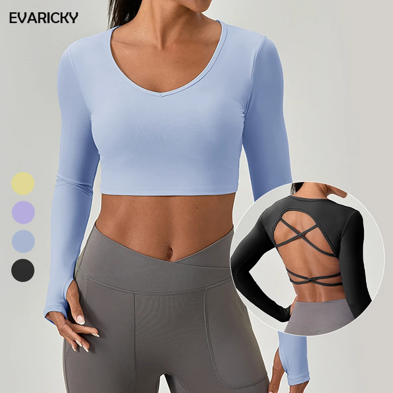 EVARICKY Women's Running Workout Tight Long-sleeved Yoga Sports Top with Chest Pads Spandex/Nylon Quick-drying Yoga Crop Top
