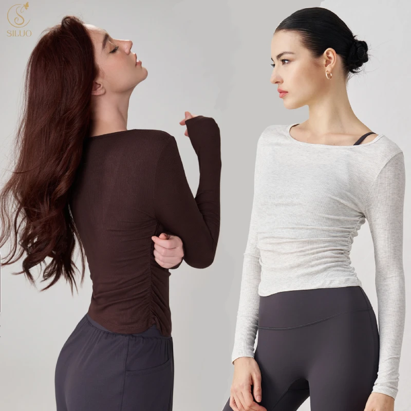 SILUO Recyclable Natural Modal Ribbed Autumn Nude Yoga Top Pleated Slim Neck Long Sleeve Fitness Clothing Breathable Quick Dry