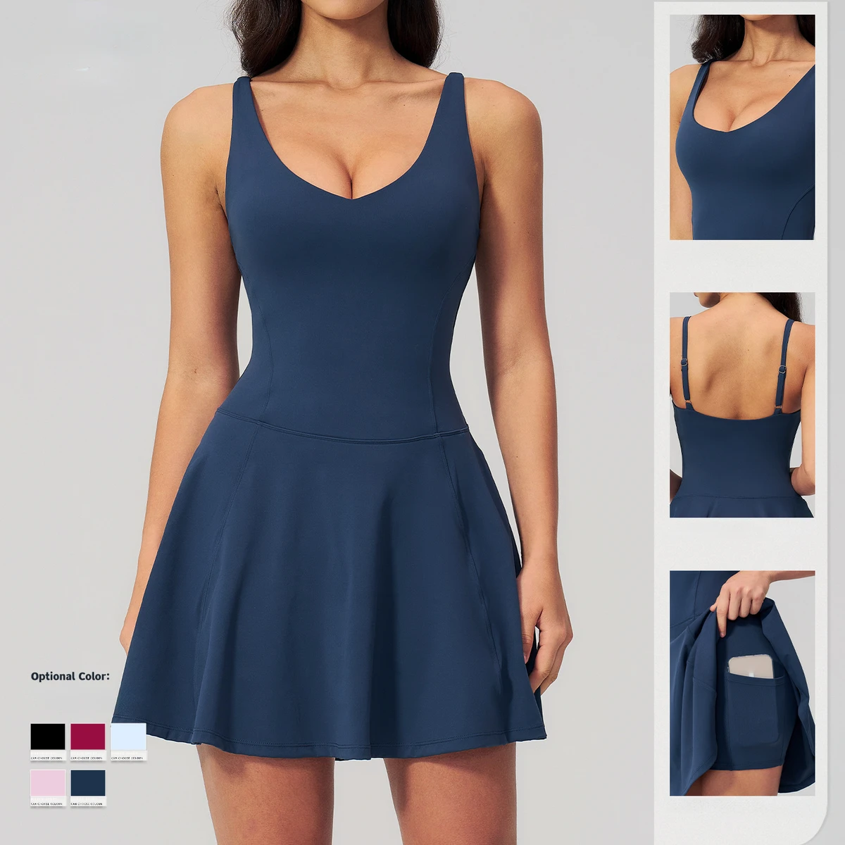 Wholesale Custom Logo Yoga Sports Dress with Side Pockets Breathable Running Fitness Tennis Dress Ropa Deportiva