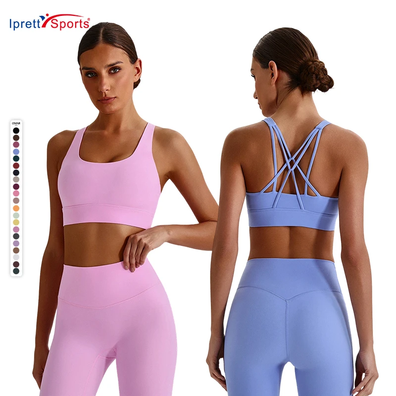Hot Breathable Solid Color Padded Yoga Wear Gym Bra Criss Cross Back High Impact Sports Bra for Women Fitness