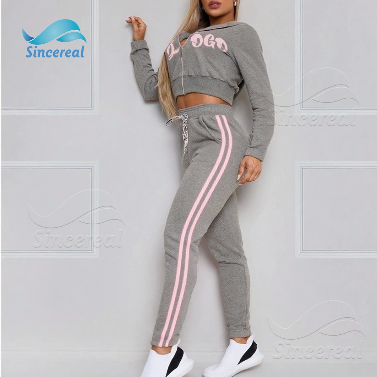 Custom Y2K Women's Clothing Embroidered Patch Logo Tight Cotton Jogging Suits Zippered Two-piece Cotton Women's Tracksuit