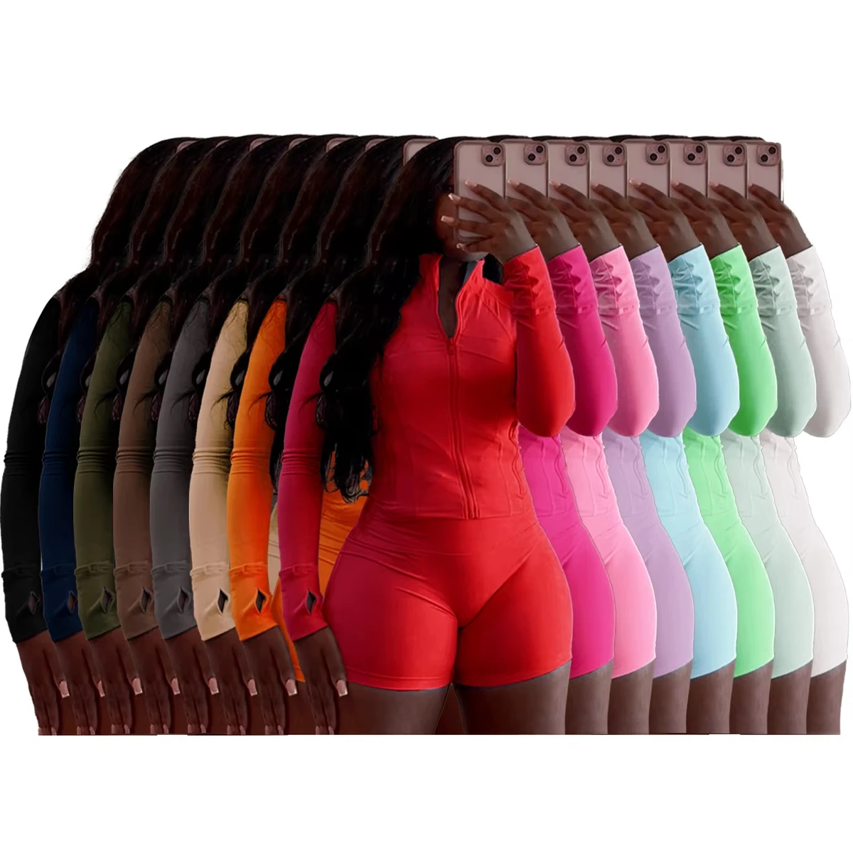 C0867 Hot Stretch Spring New Sports Casual Sexy Tight Long Sleeved Ribbed Shorts Yoga Two-piece Set