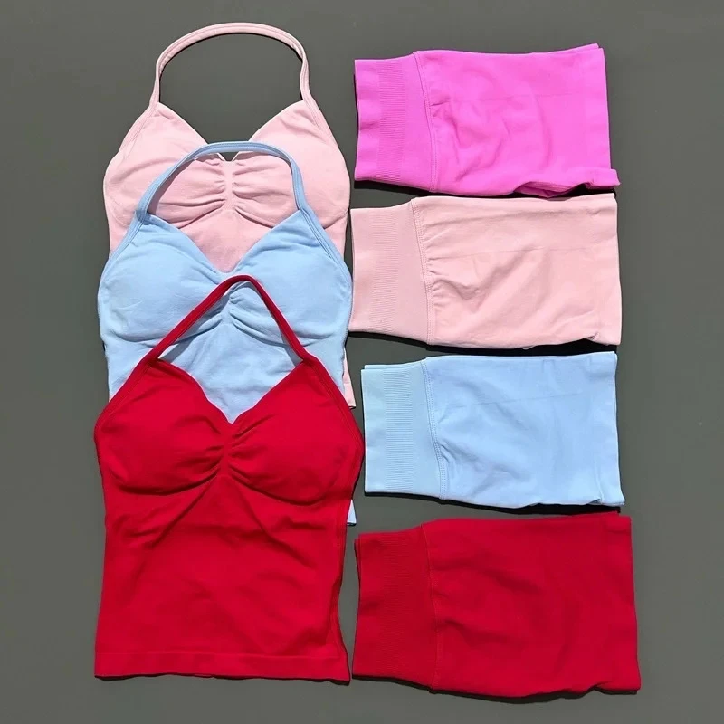 Women's Sports Wear Breathable Seamless Workout Clothes Yoga Gym Set Two-Piece Tank Top Scrunch Butt Shorts Ropa Deportiva Mujer