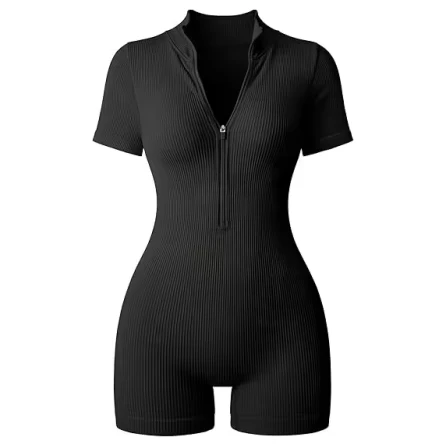 High Quality Women's Front Zipper Ribbed Short Sleeve Yoga Fitness Jumpsuit Stretch Abdomen Control Sport Bodysuit And Bodysuit