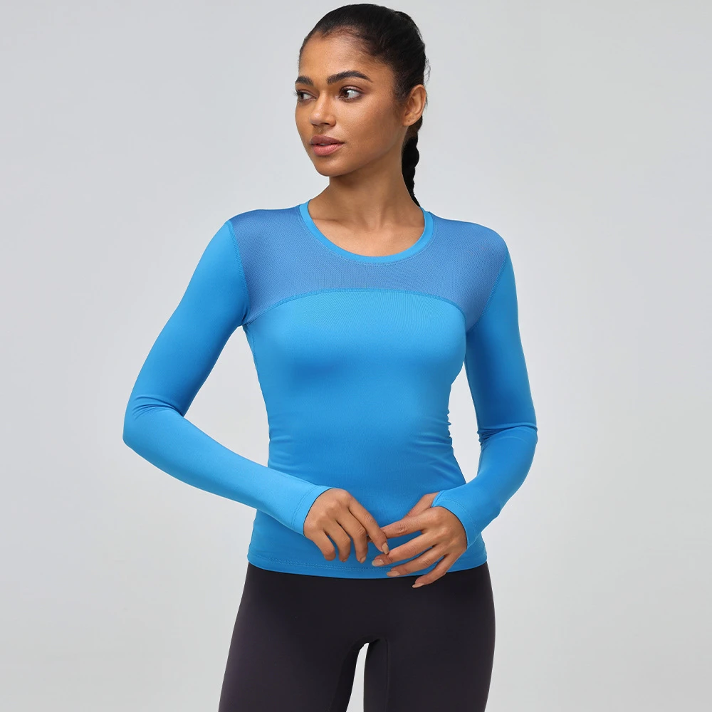 Women's PRO Fitness Running Yoga Sportswear Breathable Moisture-Wicking Quick-Drying Four-Way Stretch Mesh Panels Long Sleeves
