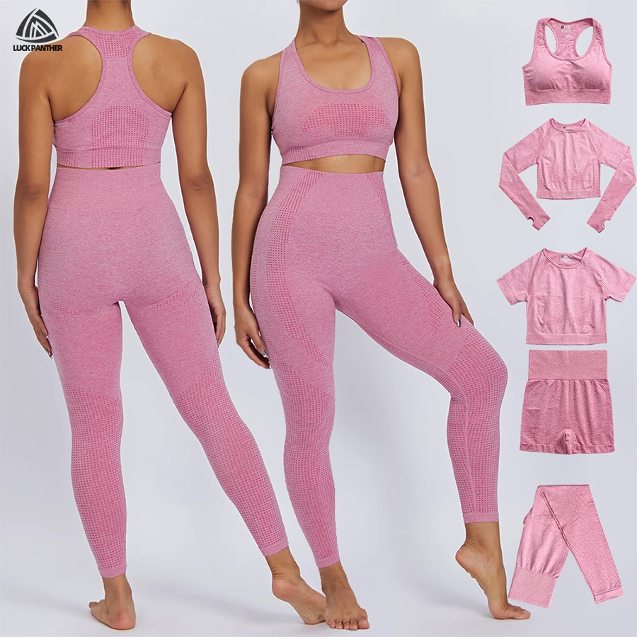 Luckpanther Custom Logo 5 Pieces Sports Bra High Waist Leggings Suit Yoga Jacket Suit Seamless Athletic Gym Fitness Yoga Set