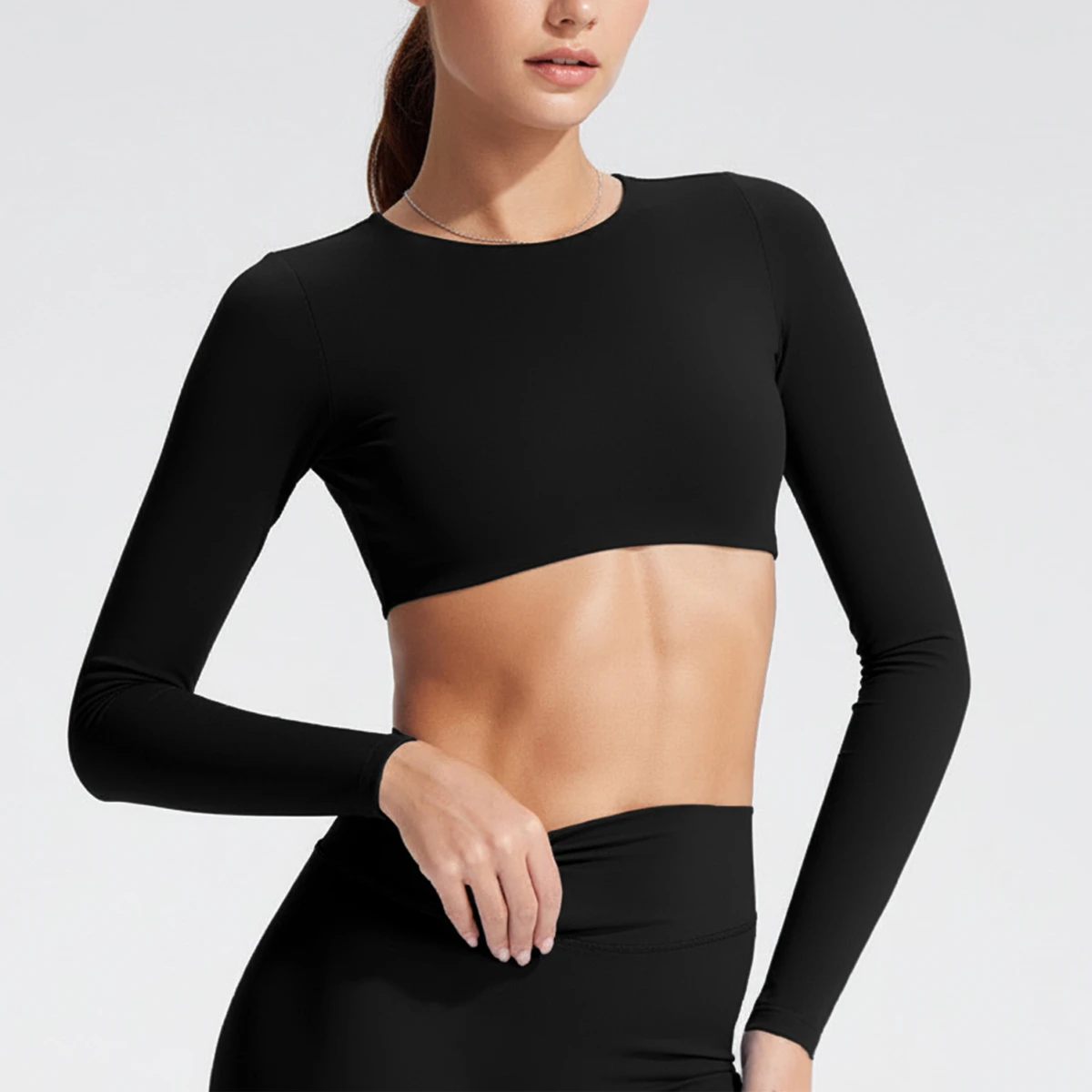 Long Sleeve Solid Color Breathable Women's Yoga Shirts Round Neck Hollow Out Slim Fit Running Gym Sports Sexy Backless Tops