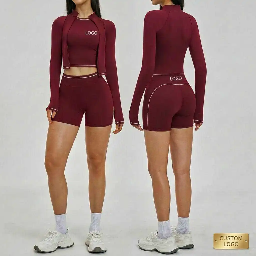 Custom Logo Color Block Women Workout Outfits High Waist Cross Waist Activewear Set Gym Fitness Outfits 3 Piece Yoga Set