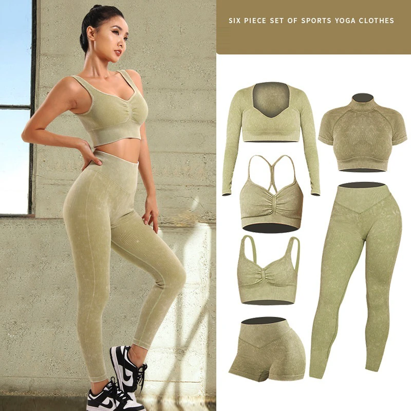 Seamless Women's Yoga 6-Piece Set Print Breathable Elastic Waist Workout Shirts & Sport Pants Fitness Shorts