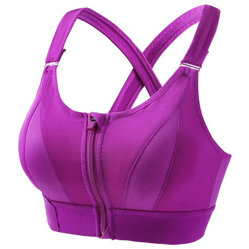 Women's High Elastic Breathable High Impact Sports Bra Strappy Back Support Workout Top with Front Zipper Plus Size Seamless XS