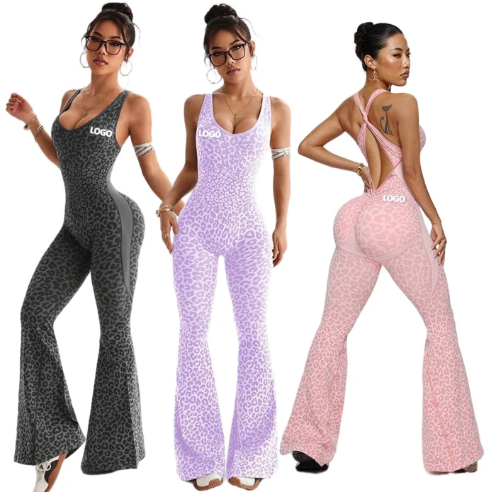 Wholesale Custom Women Leopard Yoga Jumpsuit Quick Drying Sportswear Crossed Back Flare Pants Workout Bodysuits for Women