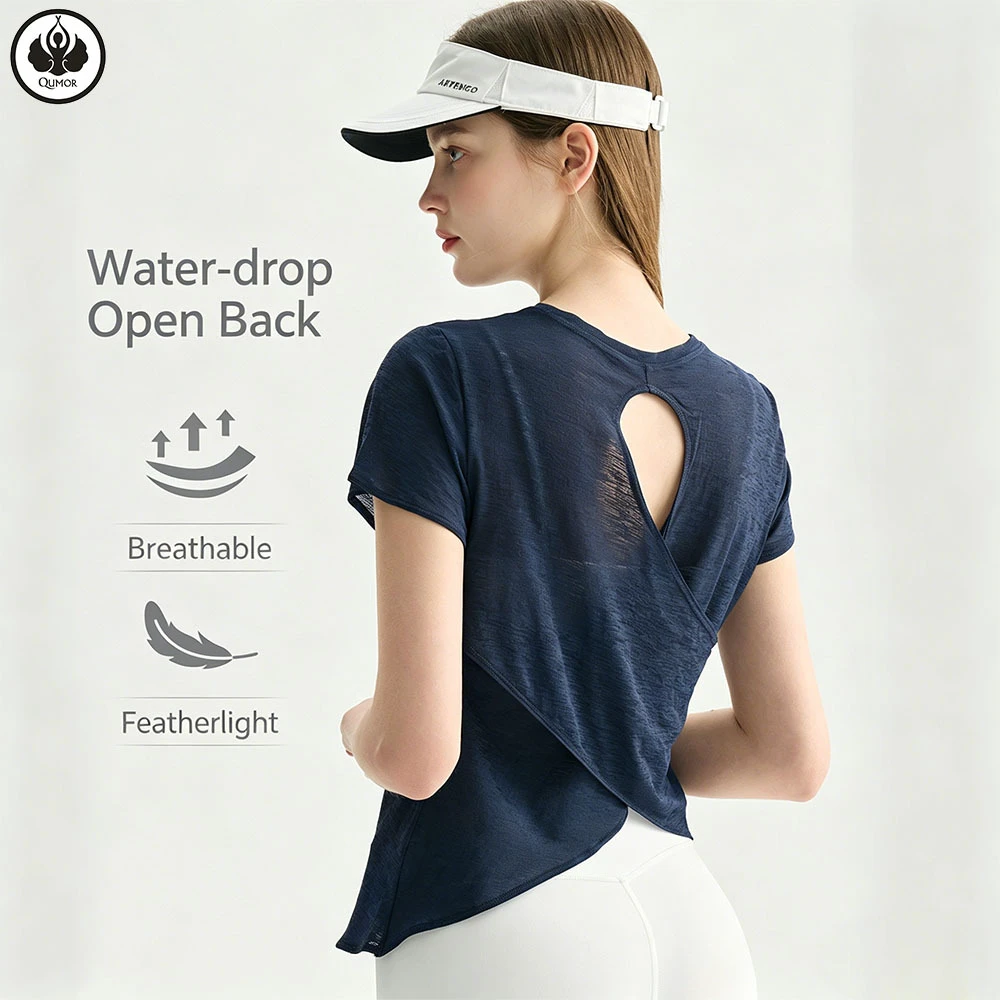 QUMOR 100% Polyester Lightweight Breathable Eco-Friendly Solid Yoga T-Shirt Hollow-out Back Sports Top Women's Round-neck Short