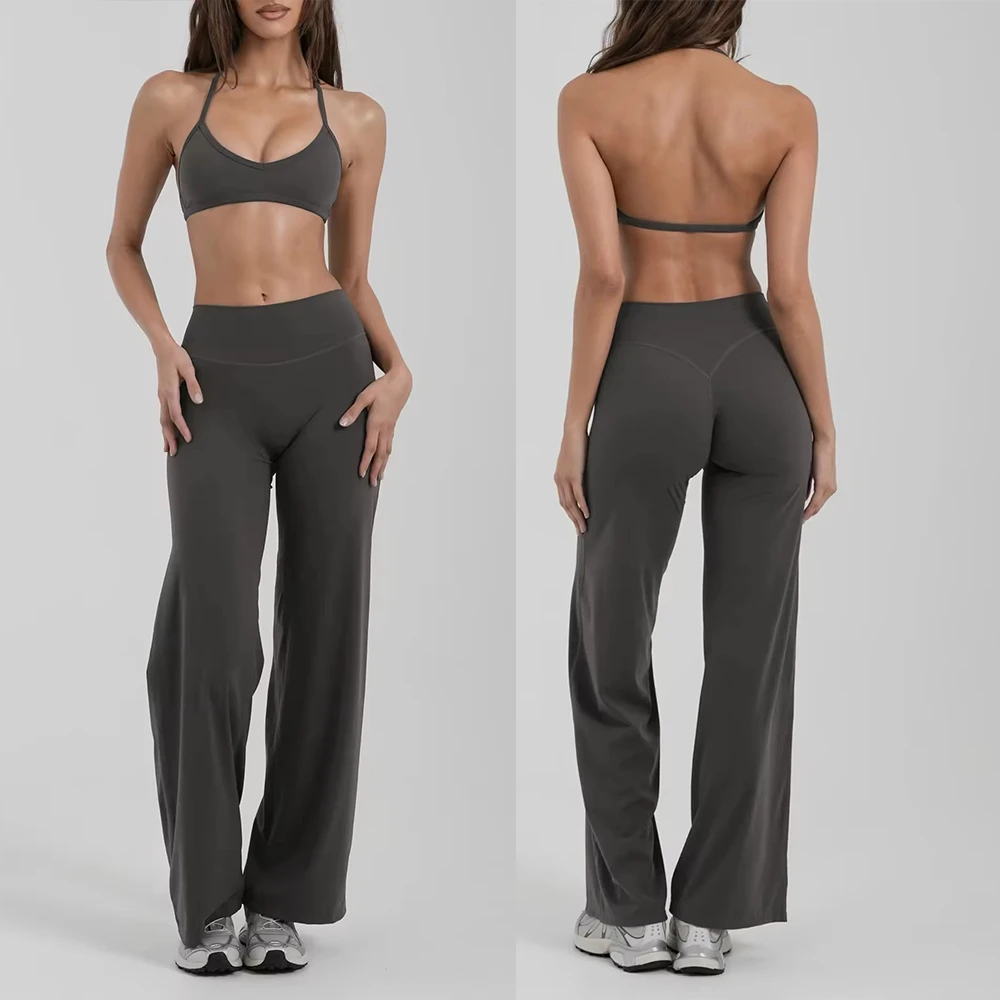 Huachen Yoga Fitness Workout Gym Active Custom Logo Breathable Lightweight Solid Sports Bra Flare Leggings 2-Piece Set for Women