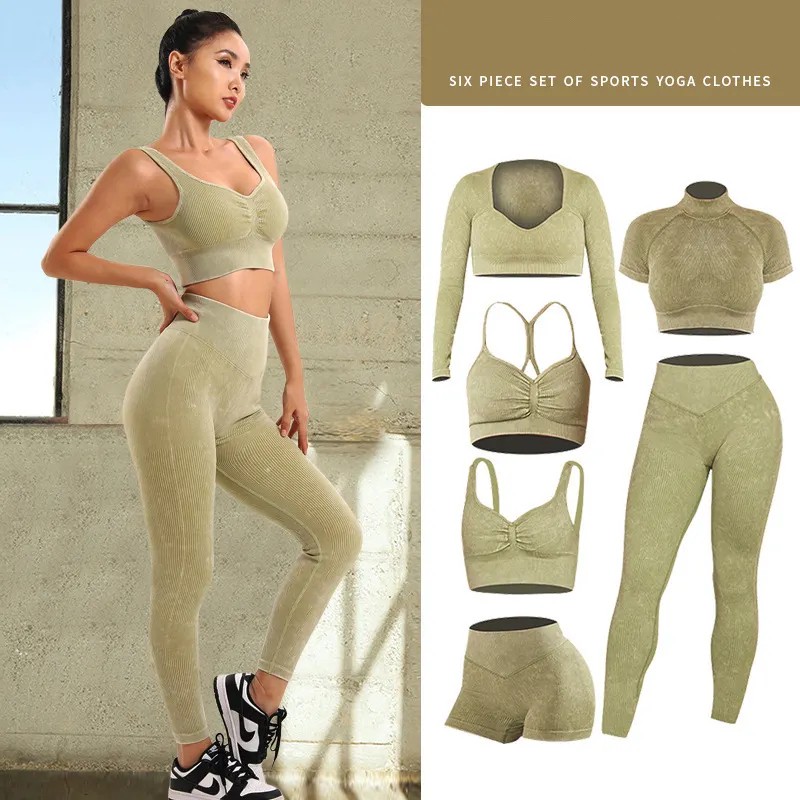 Seamless Breathable Spandex/Nylon Yoga Top & Long Shorts Set 6-Piece Fitness Wear Elastic Waist Summer