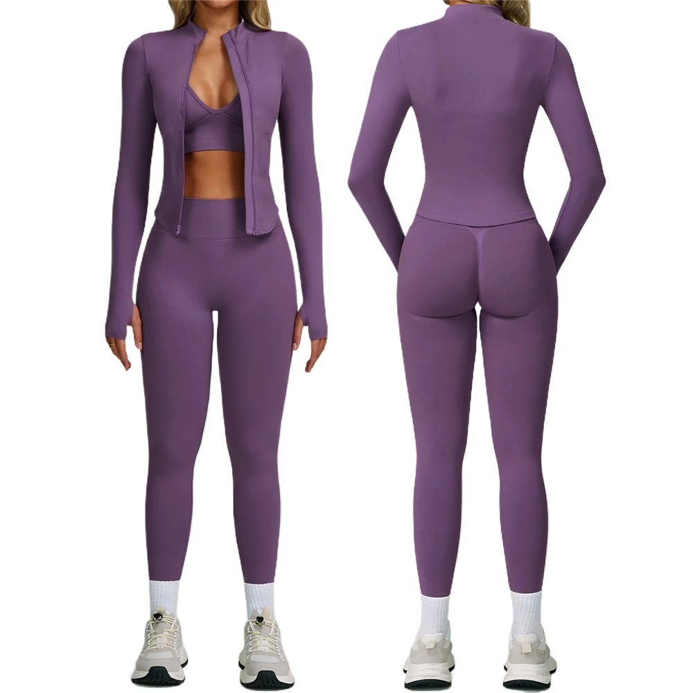 AL010 New Quick-Dry Zip-Up Running Training Women's Sportswear Track Fitness Workout Gym Yoga Bra and Leggings 3-Piece Set