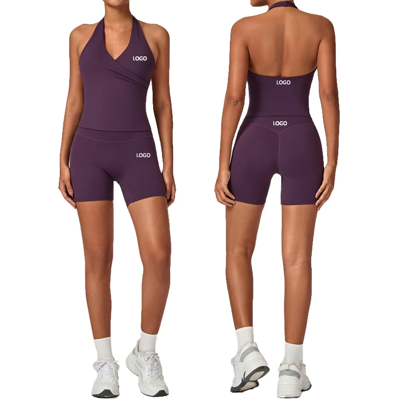 Women Quick Dry Slim Fitted Backless Yoga Sleeveless Shirts Deep V Neck Racerback Halter Tank Tops Work Out High Waist Shorts