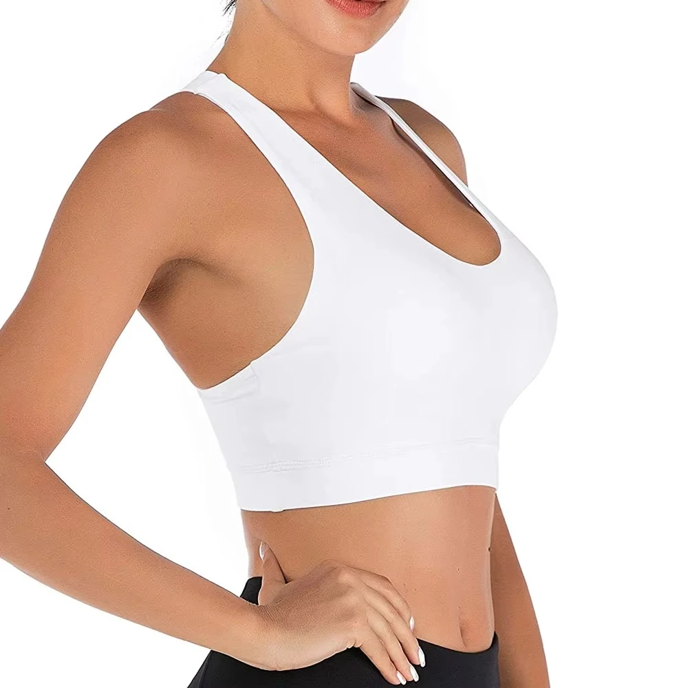 Women White Scoop Neck Spaghetti Strap Sports Bra Medium Support Yoga Fitness Breathable Quick Dry Solid Color Front