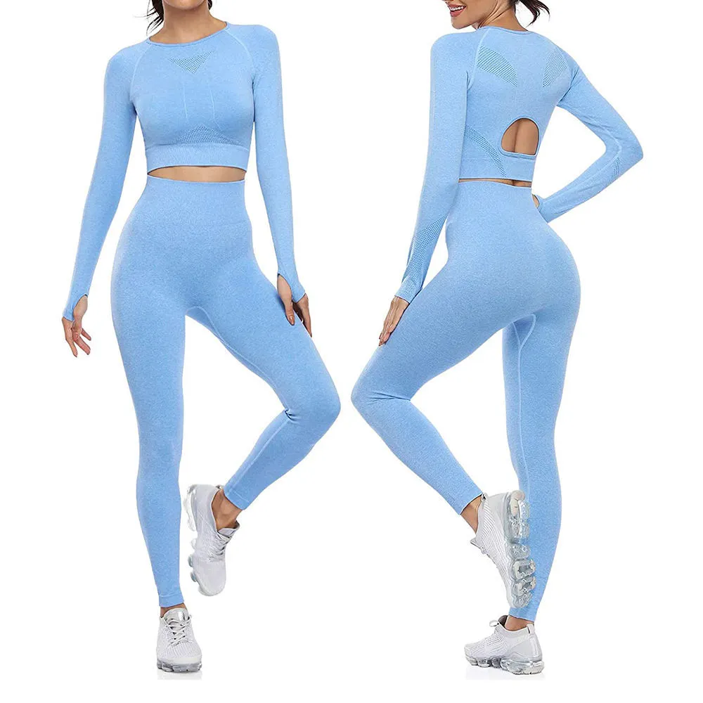High Elastic Waist Sports & Active Wear Women's 2-Piece Gym Fitness Yoga Suit Easy Wear Full Sleeves Top & Legging Yoga Sets