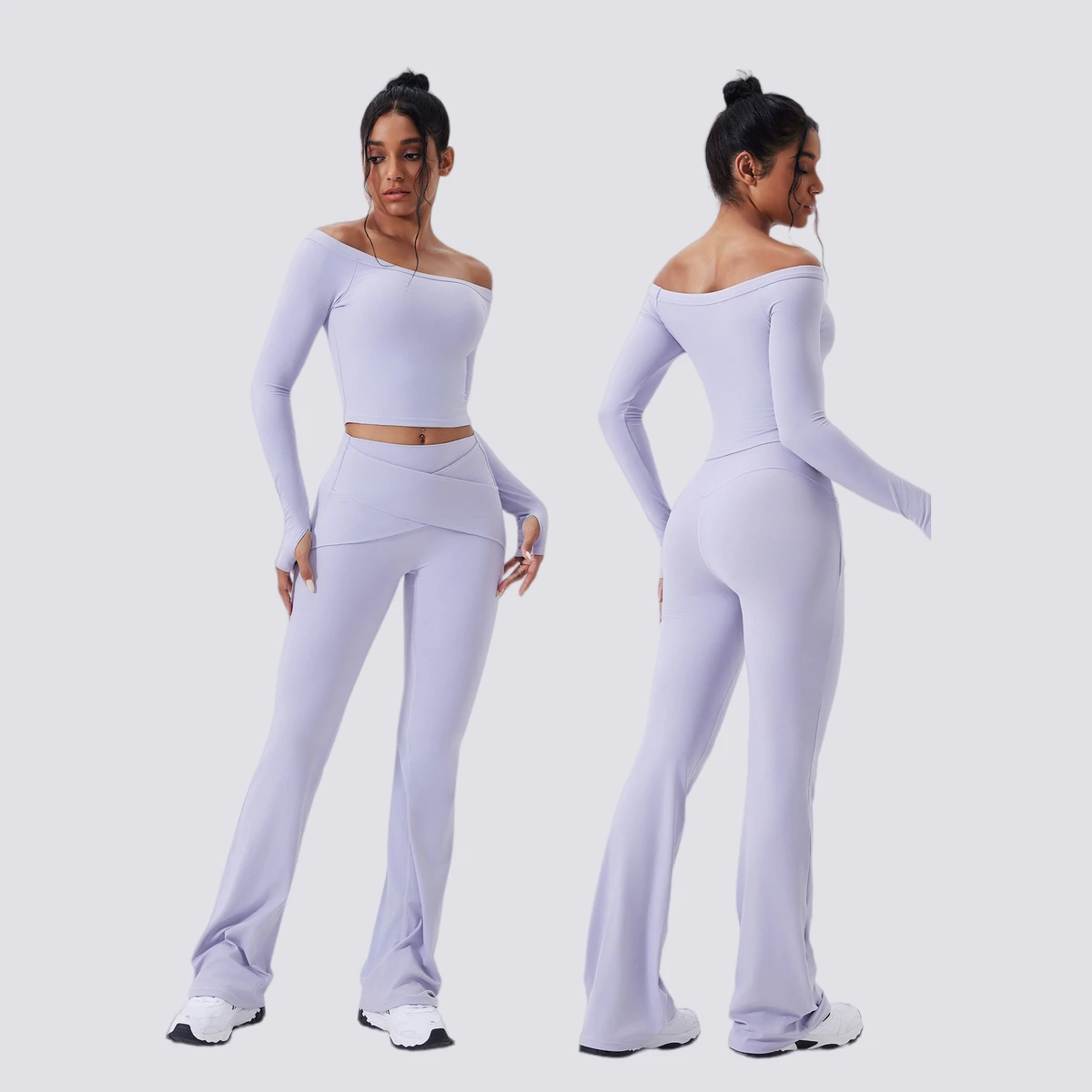 Women Off Shoulder Long Sleeve Sports Bra High Waist Nude Feel Quick Dry Stretch Yoga Set Running Gym Fitness Workout Suit