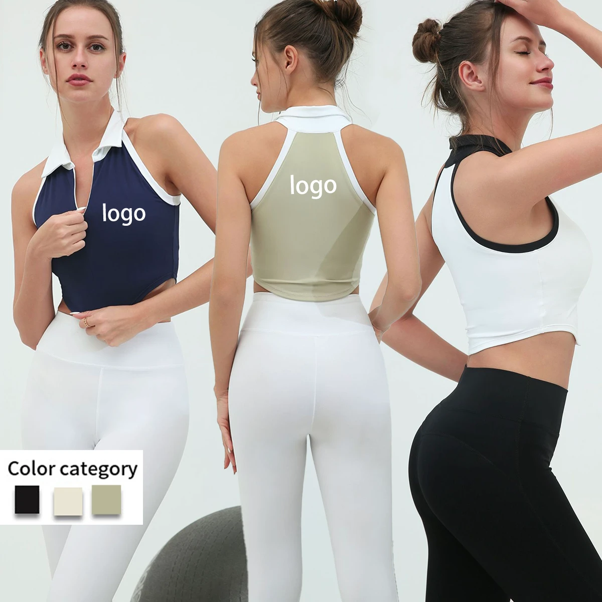 Women's Contrast Collar Zipper Sports Tank Top - Quick-Dry, High-Stretch with Chest Pads for Running & Yoga Training