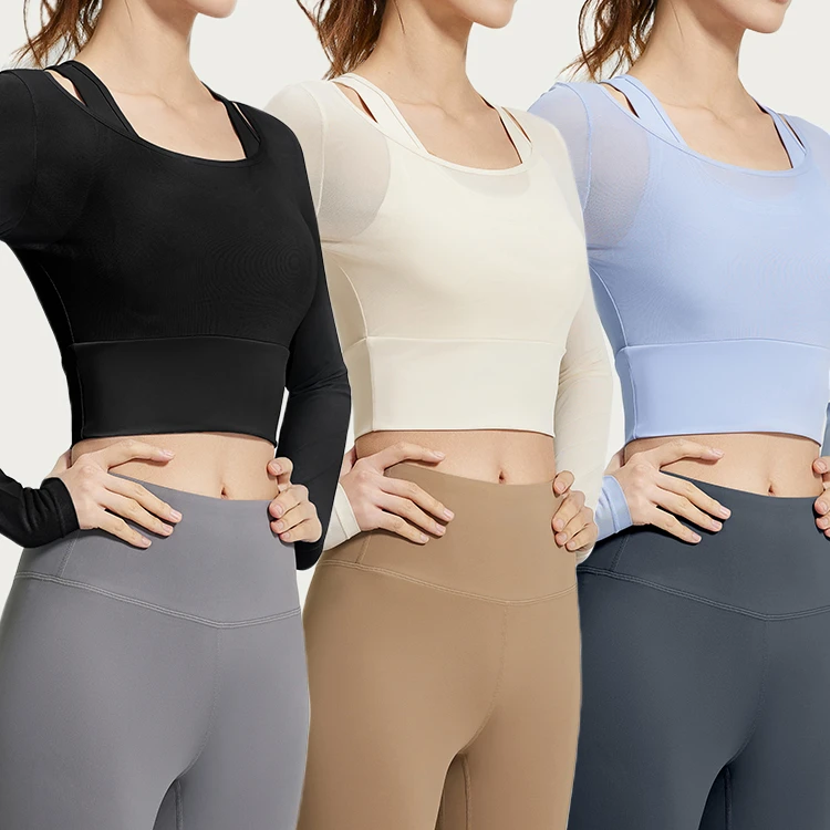 Hot Selling Women's Sports Mesh Slim Long Sleeve Yoga Tank Top Breathable Quick Dry Crew Neck Workout Fitness Sexy Thin