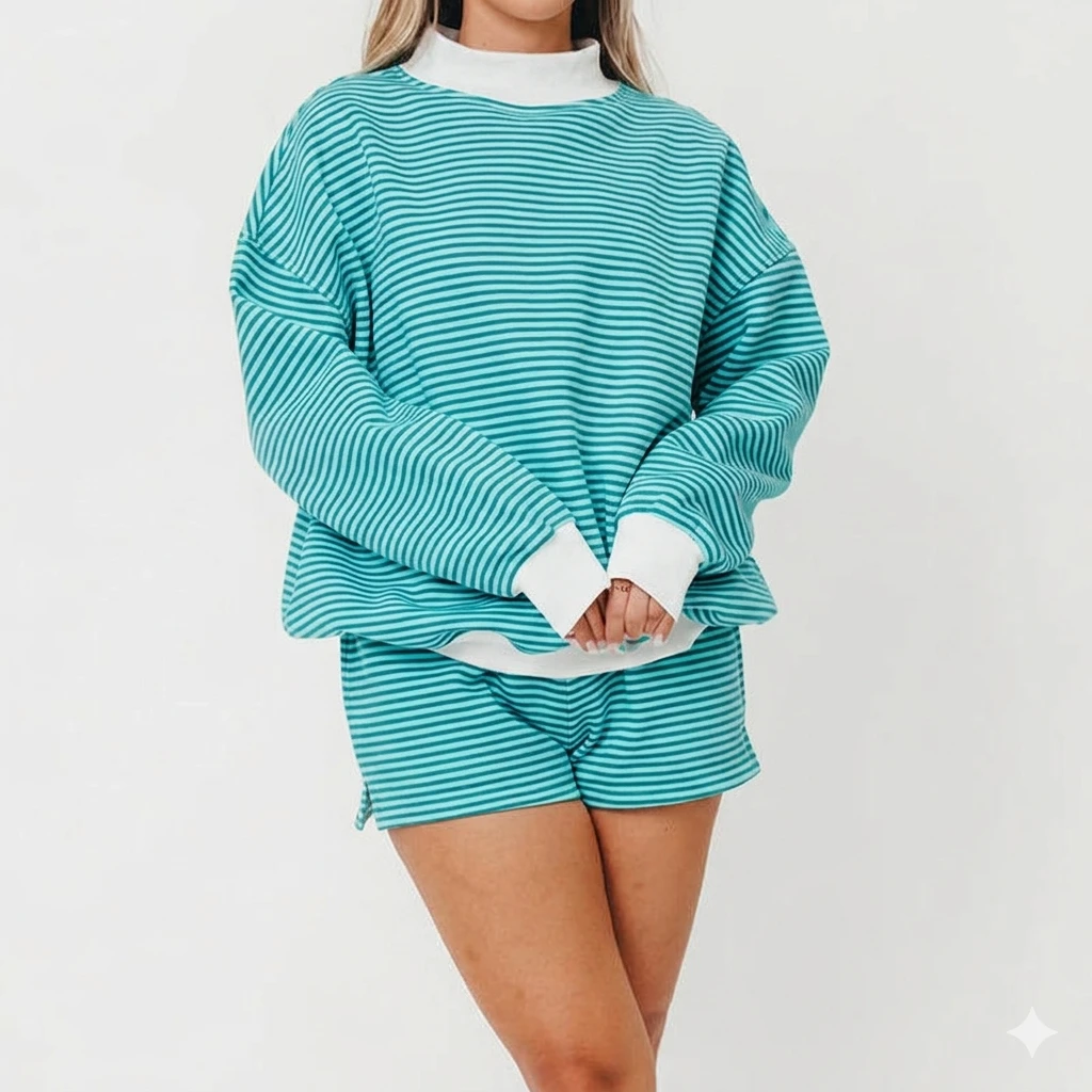 Striped Mock Neck Top and Shorts Women Chic Relaxed Fit Logo Embroidery Women Oversized Stripes Two Tone Mock Neck Short Set