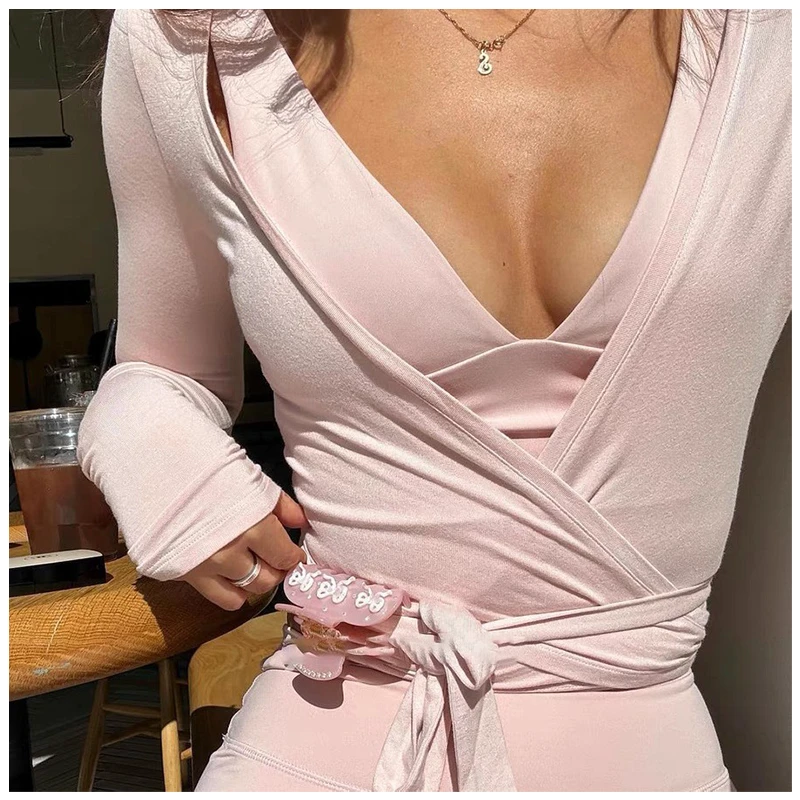 FANCO Custom Long Sleeve Cardigan Workout Dance Self Tie Shirt Women Open Front Ballet Wrap Wrap Top Pilates Blouse Yoga Shirts