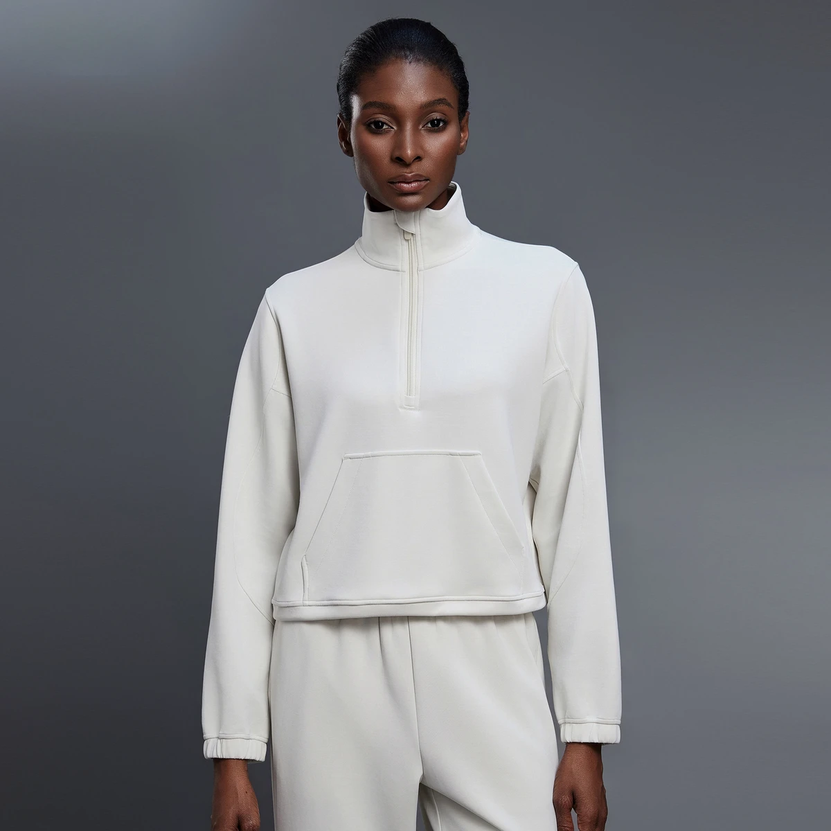 New Arrivals Autumn Modal Fabric Women's Stand Collar Front Pocket Hoodie Half Zipper Cuffed Sleeve Casual Yoga Top