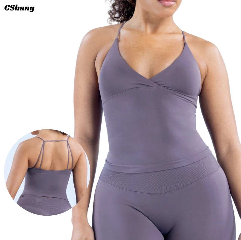 Custom Logo Cross V Neck Activewear Sleeveless Spaghetti Strap Top for Women Sports High Elasticity Yoga Fitness Vest Camisole