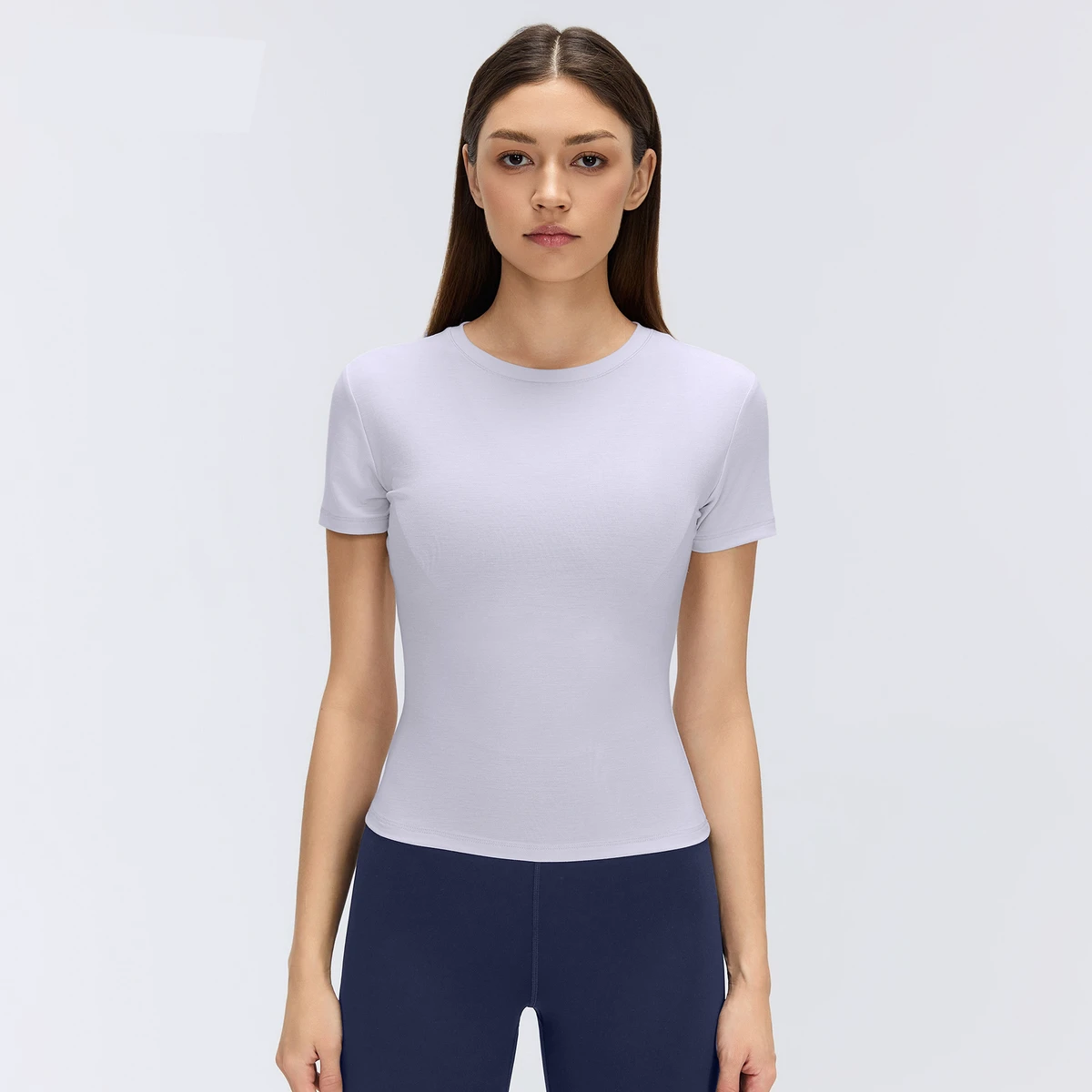 Summer Round Neck for Yoga Top Short Slim Fit Slimming Straight Shoulder Quick-Dry Solid Fitness Short Sleeve Women