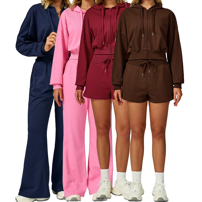 TZ2030 Women Comfortable Two Pieces Tracksuit Set Long Sleeve Jackets With Athletic High Waist Flared Yoga Pants/Shorts Yoga Set