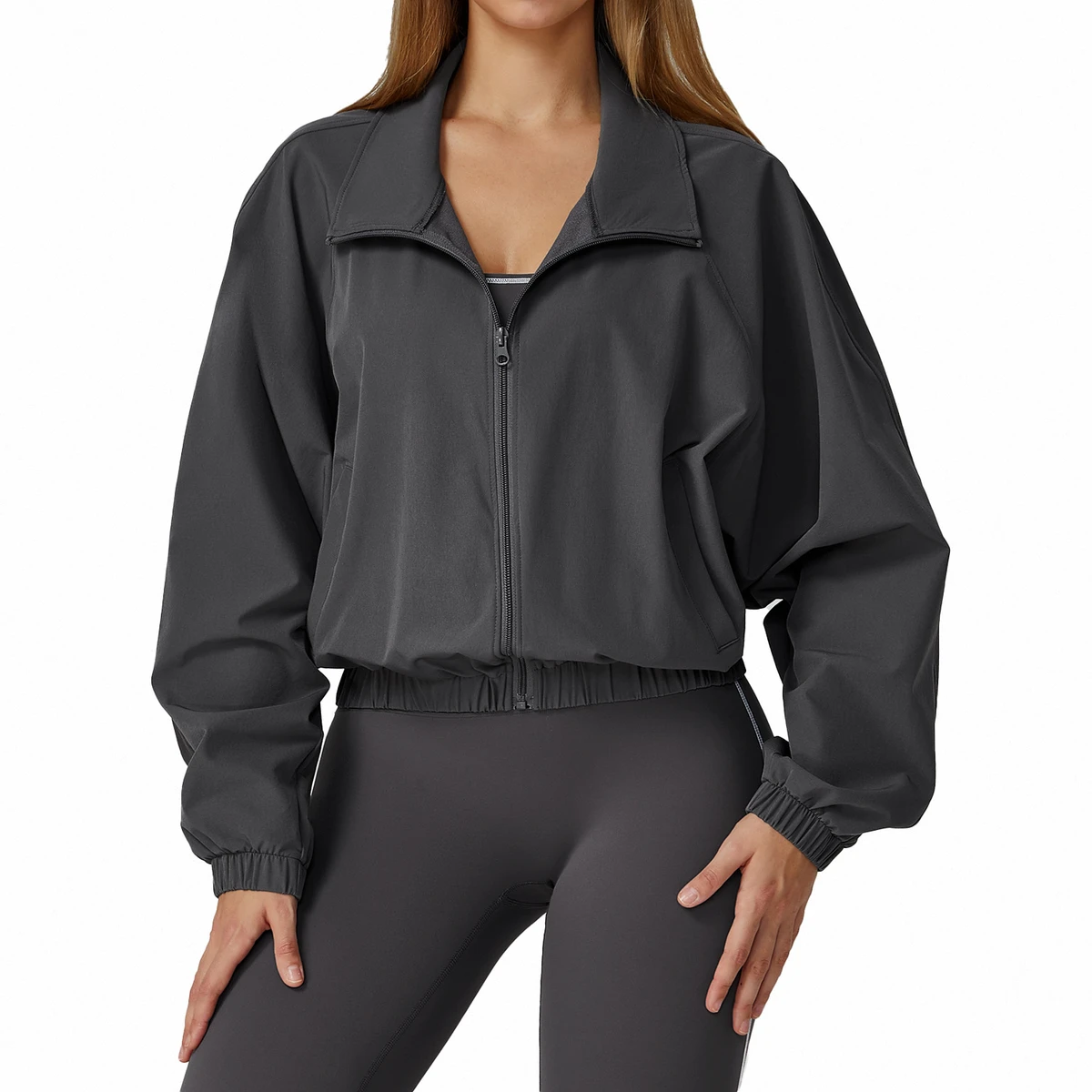 Women's Long Sleeve Sports Jacket Quick-Drying Zipper Windproof for Outdoor Running Fitness Stand Collar Yoga Top Solid Workout
