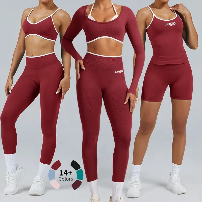 YY Womens Workout Sets 5 Piece Seamless Color Block Yoga Outfits Shorts Leggings and Crop Top Matching Gym Athletic Clothing Set