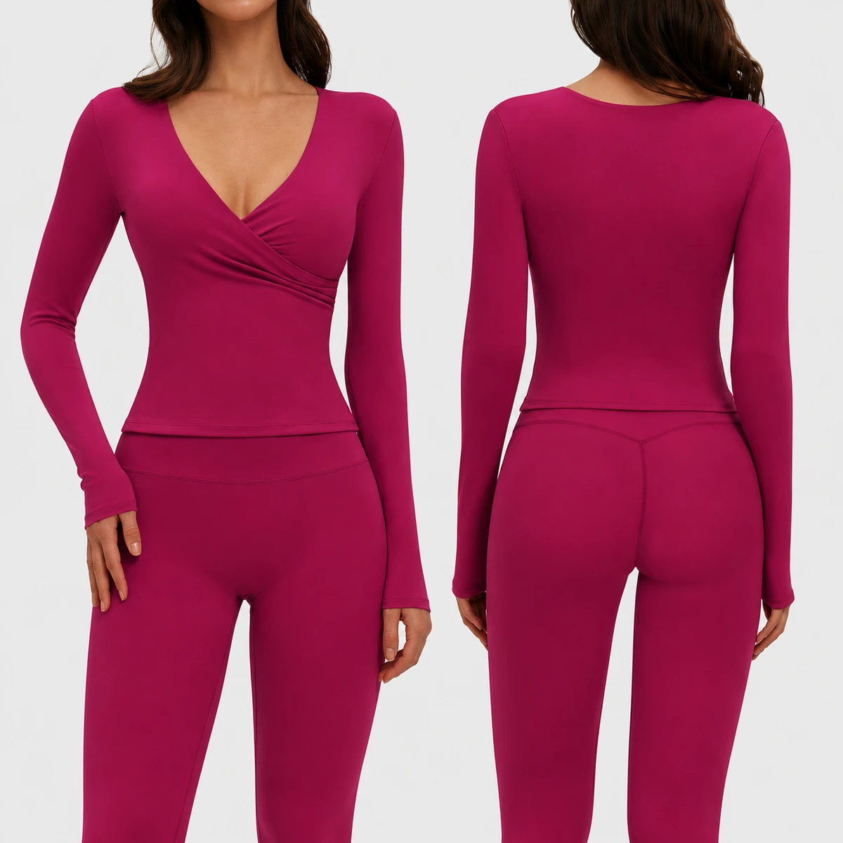 Women Crossover Wrap V Neck Long Sleeve Yoga Top Slim Fit Ruched Workout Shirt Gym Activewear Athletic Tee