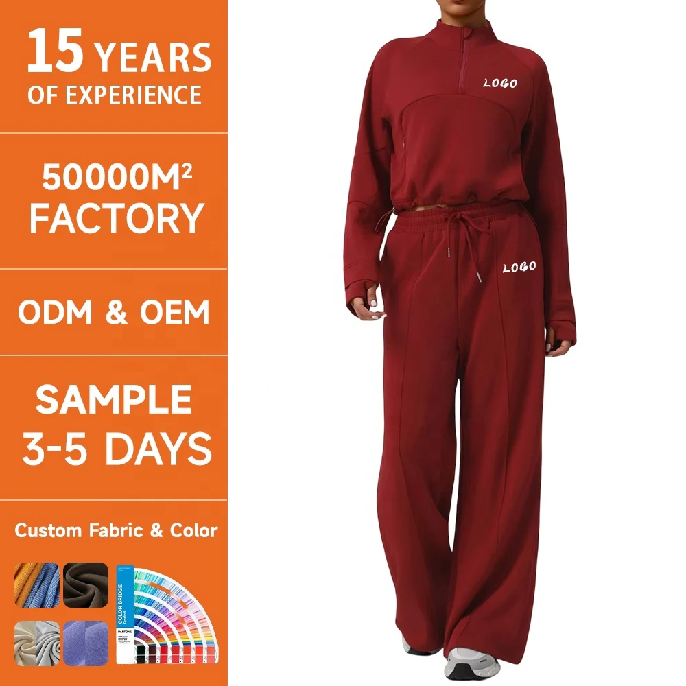 Women's Breathable High Waist Casual Wide Leg Sweatshirt Pants Autumn Winter Windproof Yoga Sports Two Piece Suits Plus Size