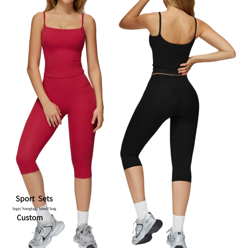 Wholesale Yoga Suit Tummy Control Capri Pants Thin Strap Tank Top with Chest Pads Athletic Sets Custom Women Compression Suit