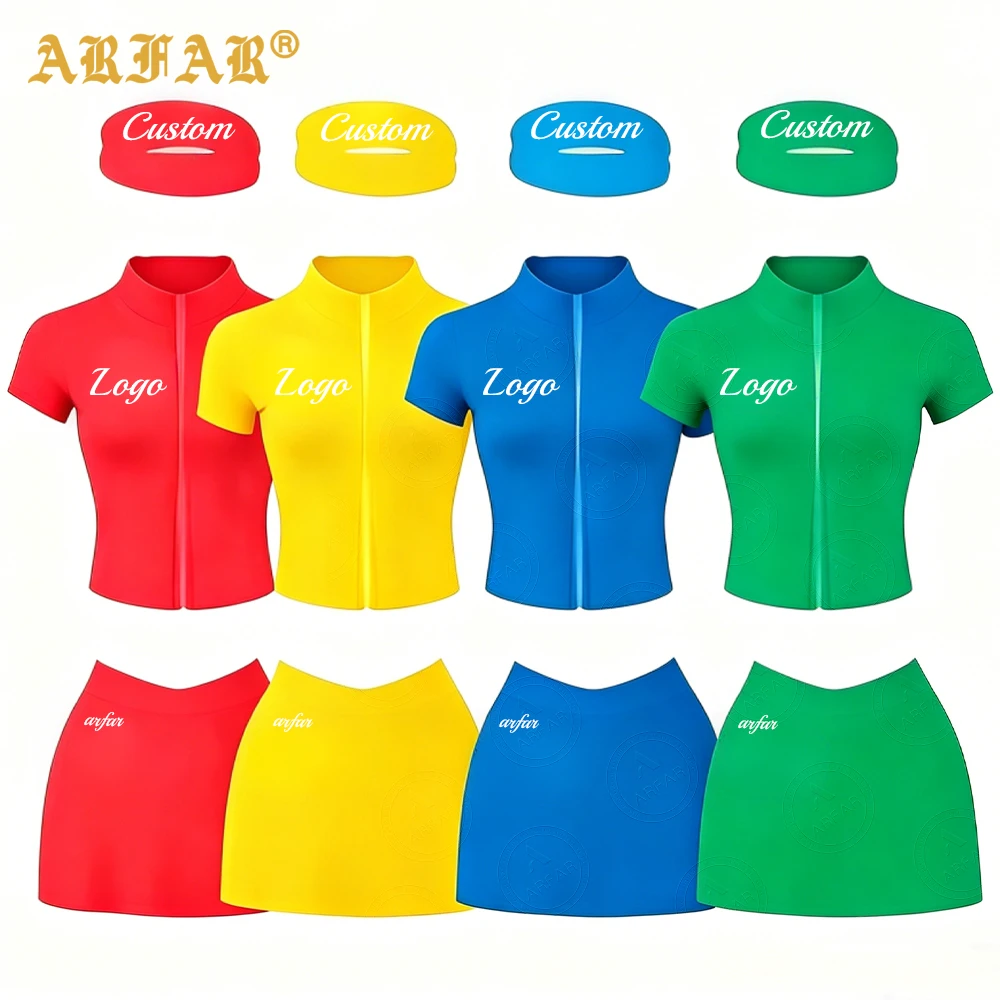 Women 3 Piece Yoga Set Solid Nylon Spandex Custom Short Sleeve Top Jacket Mini Skirt with Headband Fashion Activewear Sportswear