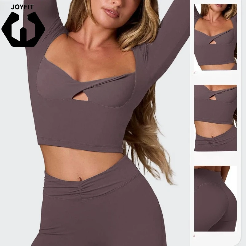 RX392 Long Sleeved Yoga Suit Top High Waist Slimming Tight Fitting Bell Bottom Pants Professional Running Exercise Pilates Set