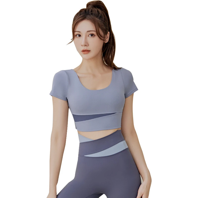 2025Custom logo Women's Short Sleeve Yoga Shirt Color Block Fitness Sport Bra Medium for Gym Running Sports Featuring Chest Pads