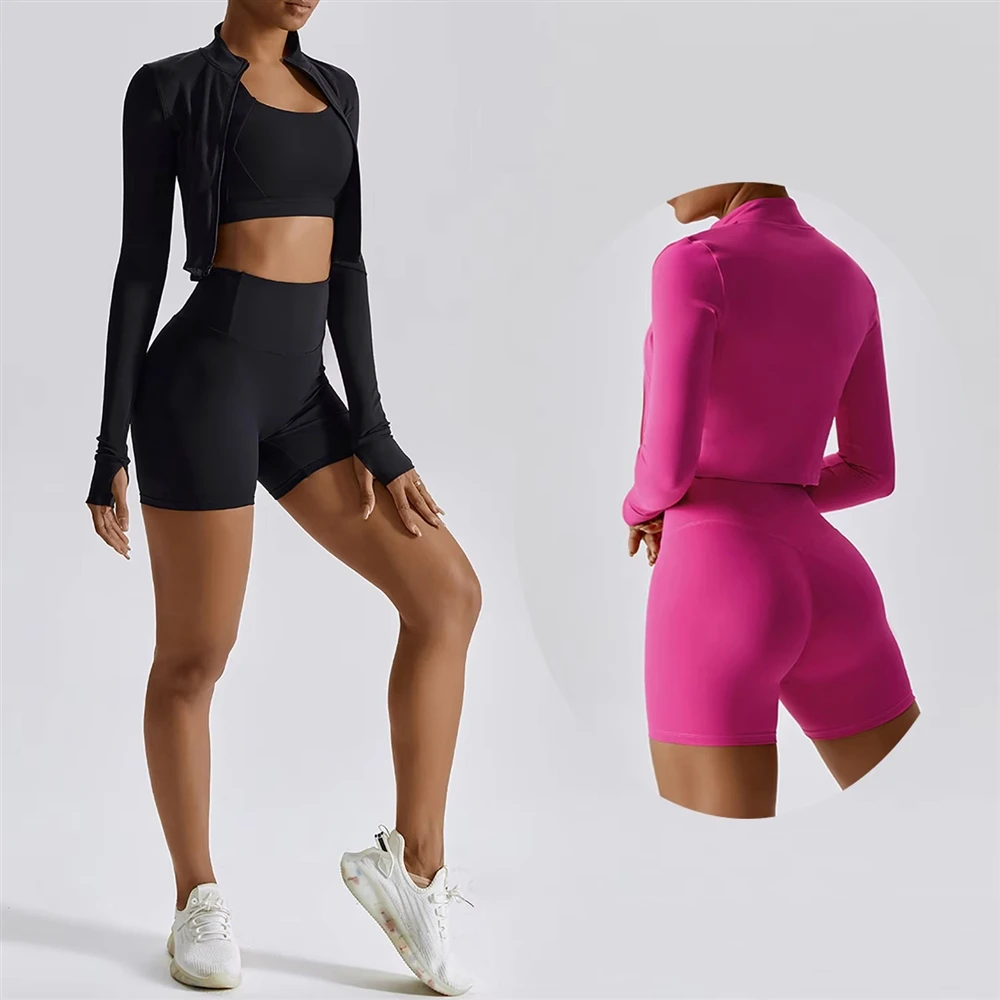3 Piece Active Wear Sportswear Exercise Athletic Ribbed Hollow Zipper Long Sleeve Gym Workout Seamless Yoga Set for Women