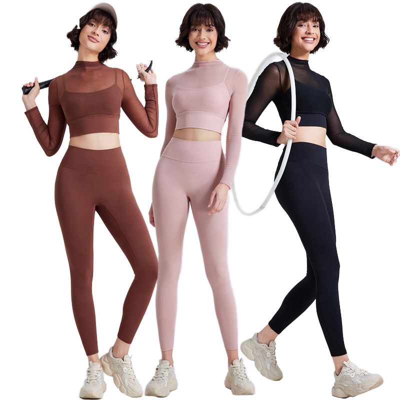 Women's Lightweight Long-Sleeved Crop Top Breathable Mesh Panel Workout Sports Bra Four-Way Stretch 2 in 1 Yoga Top