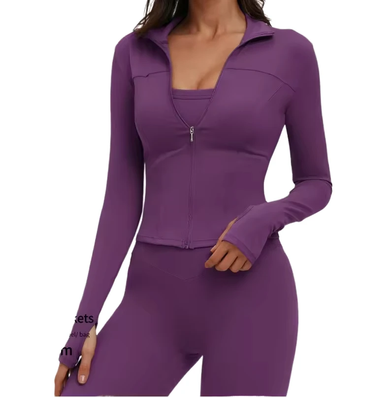 Breathable Seamless Plus Size Long-sleeve Zip-up Stand-collar Yoga Top (Spandex/Polyester)