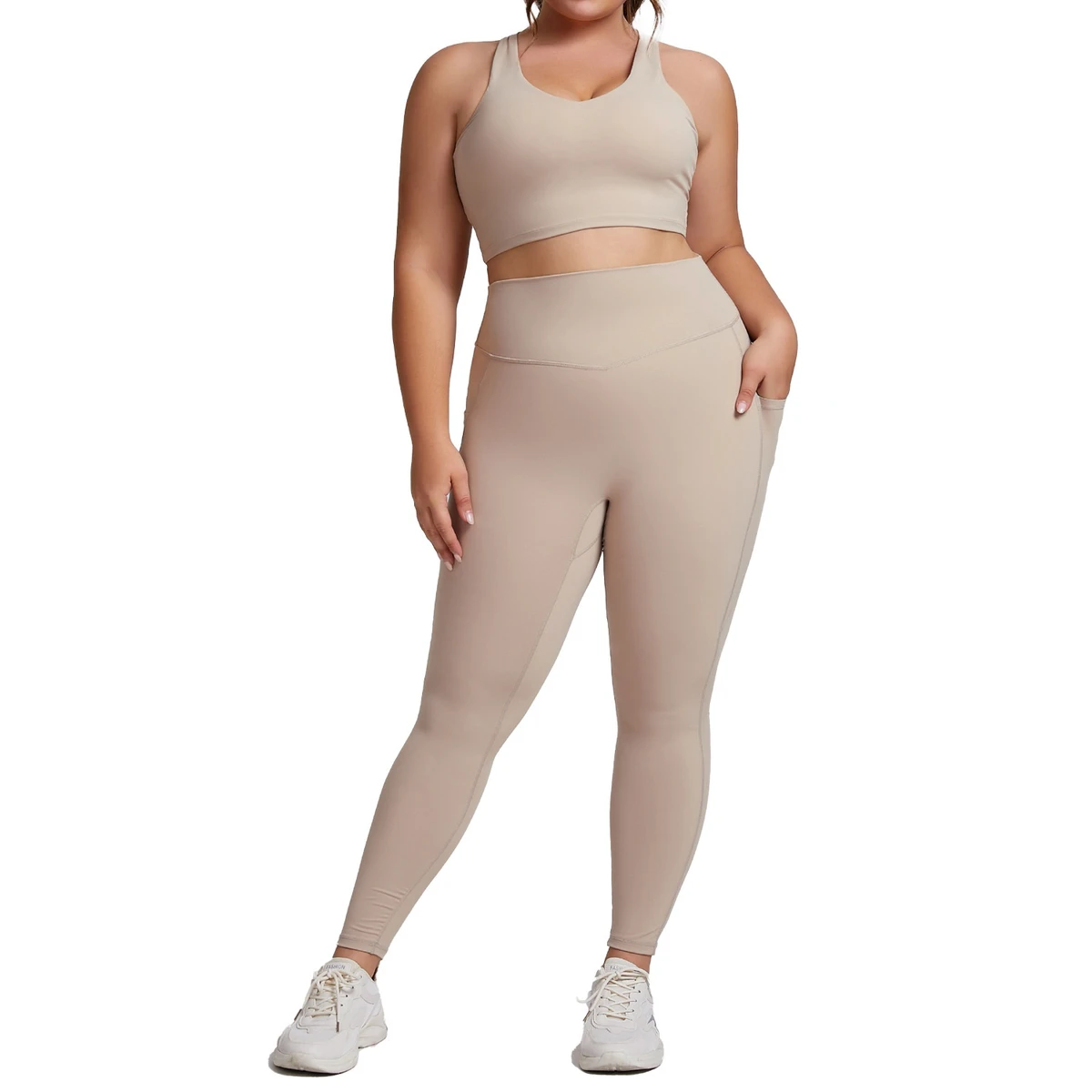 European American Style High-End Two-Piece Yoga Sports Outfit for Women Plus Size Fitness Wear Solid Waist Naked Feel Pocket