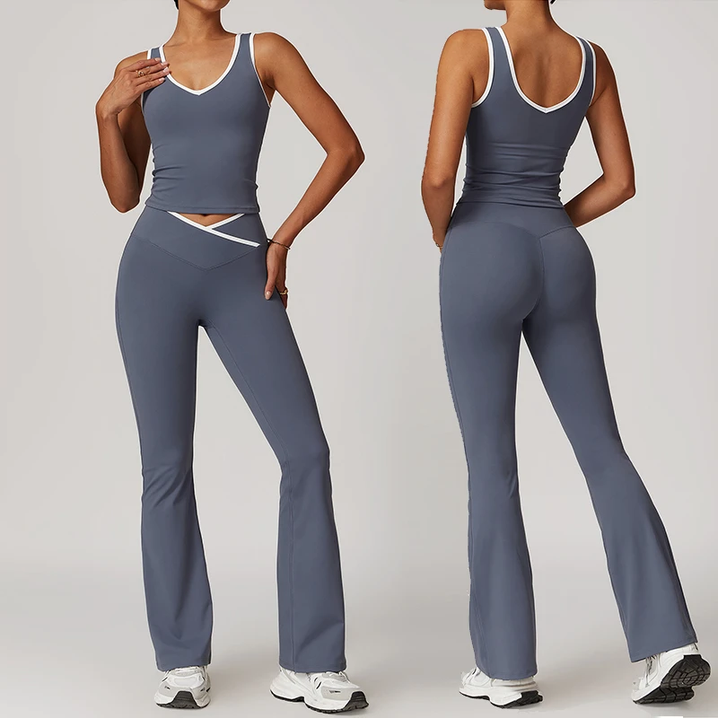 Wholesale Lightweight Yoga Set High Waist Cross Sports Pants Color Blocked Vest Quick Drying Breathable Fitness Suit 2 Pieces