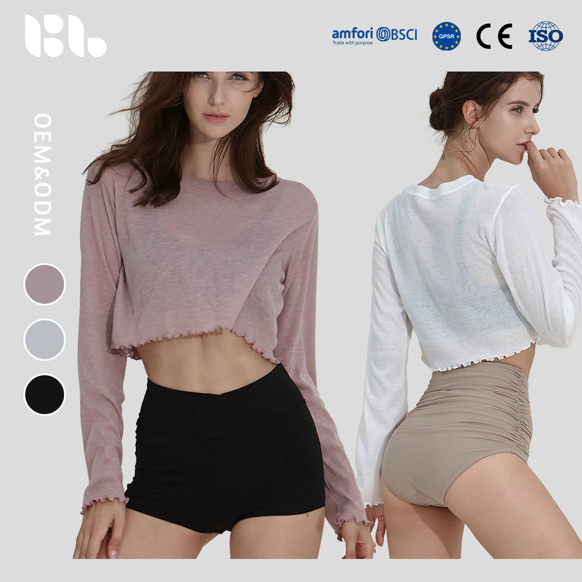 Women's Breathable Long Sleeve Fitness Sports Cover Yoga Top Four-Way Stretch Quick Dry Neck Sheer Ruffle Hem Versatile Yoga