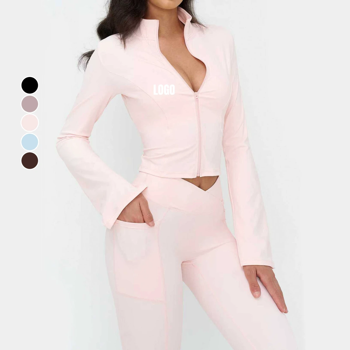 Women's Winter Naked Yoga Jacket Vertical Collar Zipper Trumpet Sleeve Moisture Wicking Outdoor Running Sports Top
