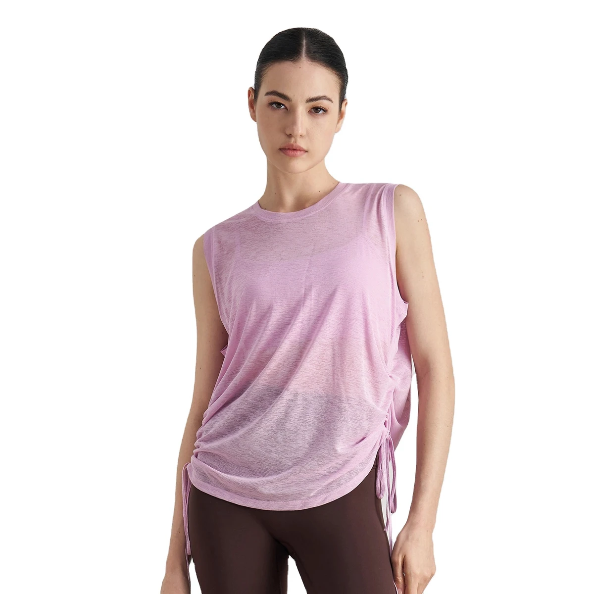 Women's Lightweight Yoga Vest Summer Breathable Sleeveless Sports Top with Drawstring Hem Loose Round Neck Cover-Up